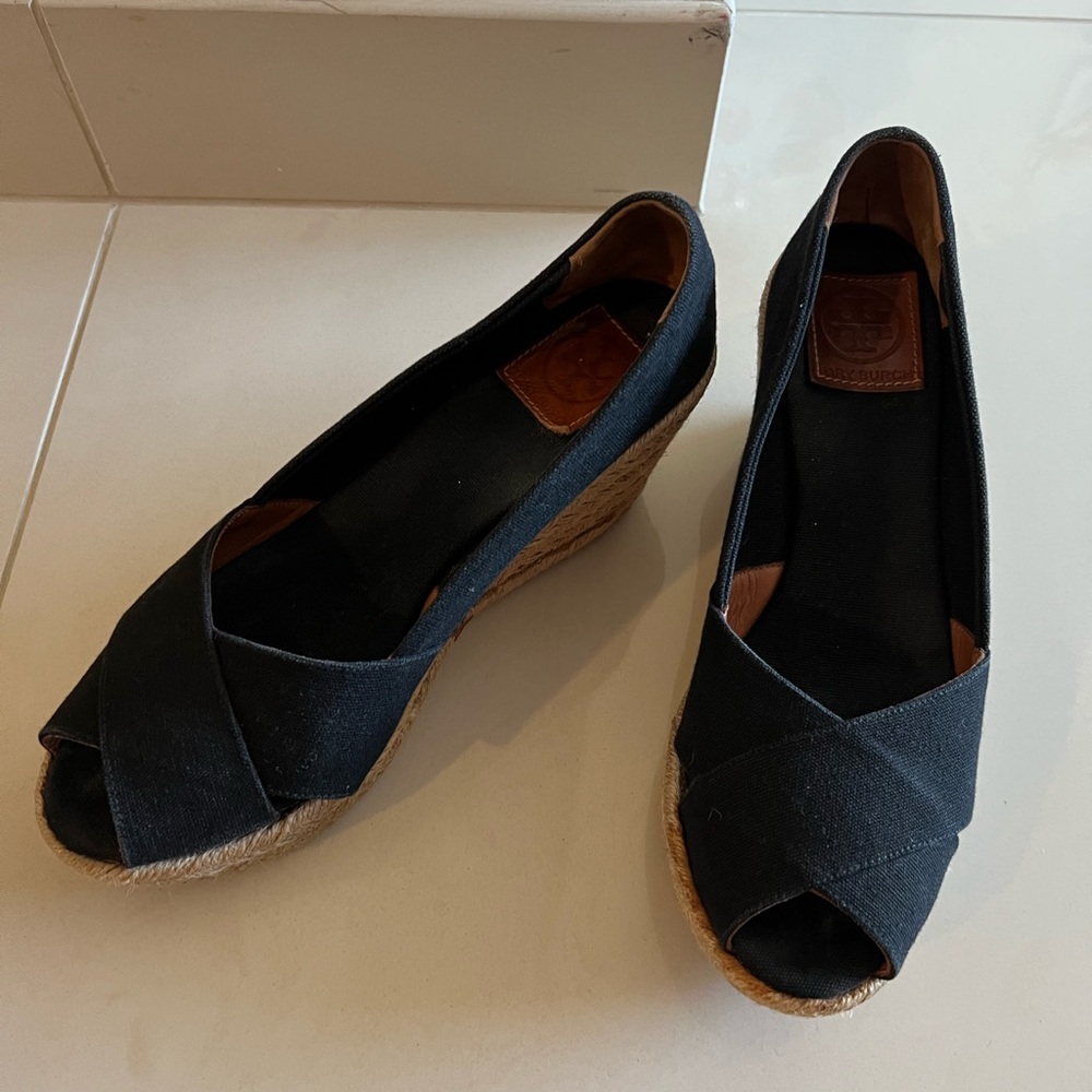 Tory Burch Black Canvas Wedge Espadrilles